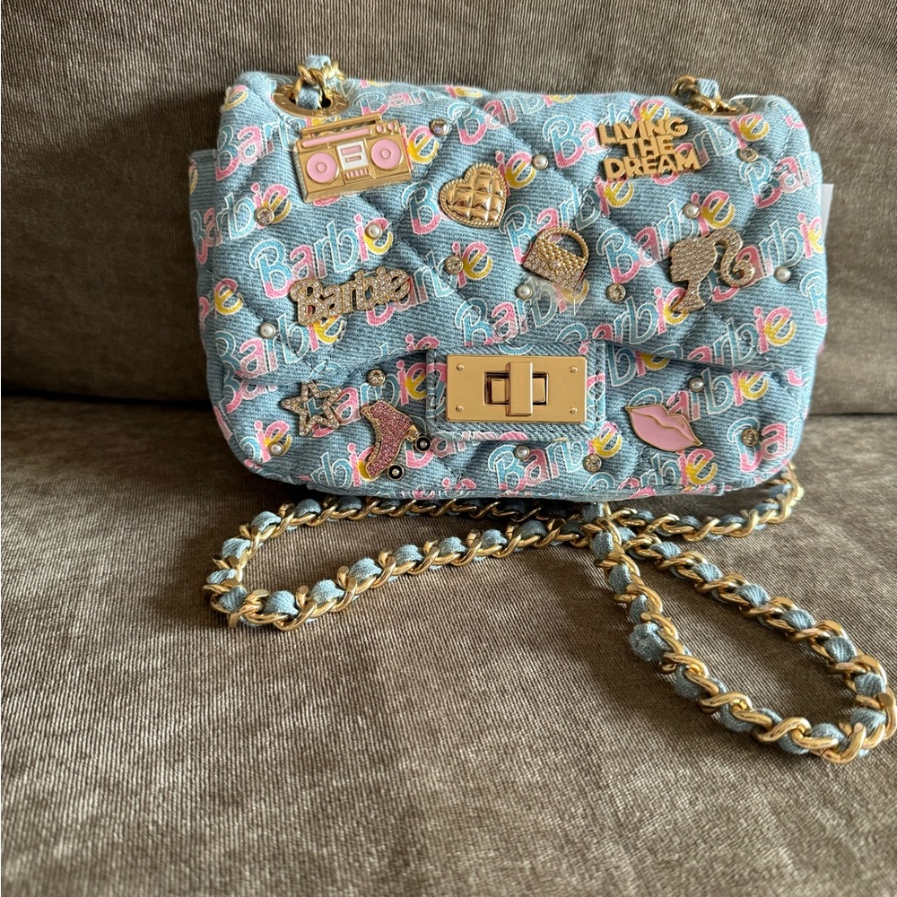 Barbie x Aldo Light Blue Denim Pink Yellow Charm Crystal Fabric Bag 8"x3"x5.25"
